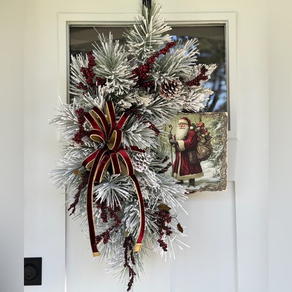 Vintage Inspired Santa on Snowy Pine Wreath